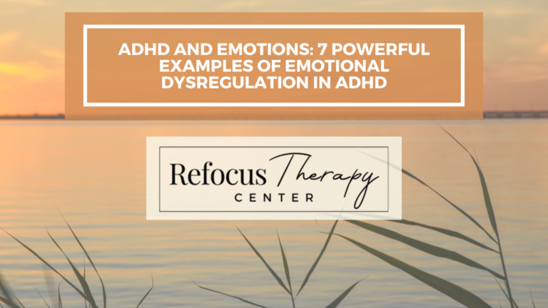 Serene figure amidst stormy chaos, symbolizing the journey through ADHD and emotions, emotional dysregulation, with Refocus Therapy Center logo.